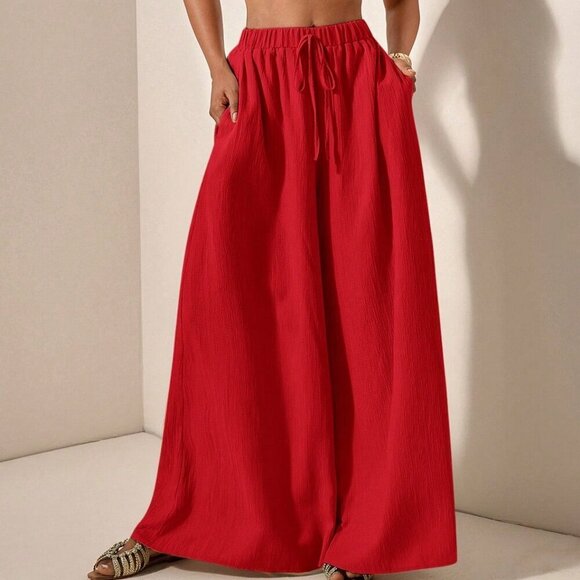 Red womens crop top & flowy wide legged pants textured fabric coord set - Picture 7 of 8